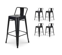 Kosmi Lot de 4 Tabourets de Bar Industriels Métal Noir - Hauteur d'Assise 76 cm - avec Dossier - Repose-Pieds - pour Îlot Central, Mange Debout, Cuisine, Bar, Restaurant