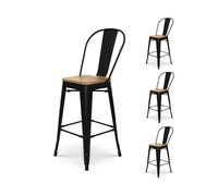 Kosmi - Lot de 4 tabourets de Bar Style Industriel en Métal Noir Mat avec Dossier Haut et Assise en Bois Clair - Hauteur d'Assise 66 cm