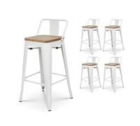 Kosmi - Lot de 4 tabourets en métal Blanc Mat Style Industriel avec Dossier et Assise en Bois Clair - Hauteur 66cm