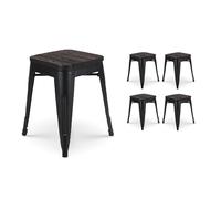 Kosmi - Lot de 4 tabourets en métal Noir Mat et Assise Bois foncé - Hauteur 46cm