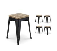 Kosmi Lot de 4 tabourets en métal Noir Mat Style Industriel et Assise en Bois Clair - Hauteur 46 cm