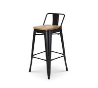 Kosmi Tabouret de Bar Industriel 66 cm Noir Mat avec Dossier - Assise en Bois Massif - Chaise de Bar Métal Style Factory Loft - Cuisine, Îlot Central, Bar, Restaurant