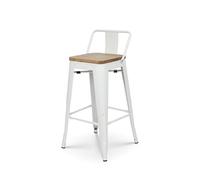 Kosmi Tabouret en métal Blanc Mat Style Industriel avec Dossier et Assise en Bois Clair - Hauteur 66cm