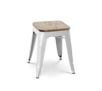 Kosmi Tabouret en métal Blanc Mat Style Industriel et Assise en Bois Clair - sans Dossier - Hauteur 46 cm