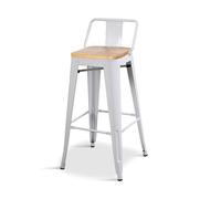 - Chaise de bar, tabouret haut style industriel avec petit dossier en métal blanc mat et assise en bois naturel clair