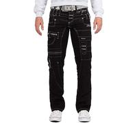 KOSMO LUPO Jean Homme Regular Fit 5 Poches Boutonnage | Coutures blanc et orange, zips multiples, surpiqûres décoratives, boutons, inscriptions, quotidien et loisirs