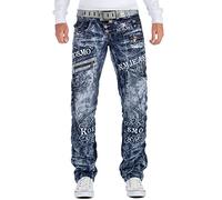 KOSMO LUPO Jean Homme Regular Fit 5 Poches Boutonnage | Coutures blanc et orange, zips multiples, surpiqûres décoratives, boutons, inscriptions, quotidien et loisirs