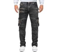 KOSMO LUPO Jean Homme Regular Fit 5 Poches Boutonnage | Coutures blanc et orange, zips multiples, surpiqûres décoratives, boutons, inscriptions, quotidien et loisirs