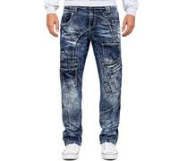 KOSMO LUPO Jean Homme Regular Fit 5 Poches Boutonnage | Coutures blanc et orange, zips multiples, surpiqûres décoratives, boutons, inscriptions, quotidien et loisirs