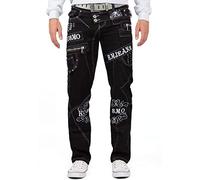 KOSMO LUPO Jean Homme Regular Fit 5 Poches Boutonnage | Coutures blanc et orange, zips multiples, surpiqûres décoratives, boutons, inscriptions, quotidien et loisirs
