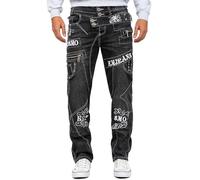 KOSMO LUPO Jean Homme Regular Fit 5 Poches Boutonnage | Coutures blanc et orange, zips multiples, surpiqûres décoratives, boutons, inscriptions, quotidien et loisirs