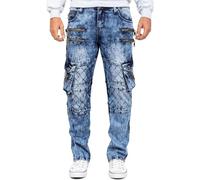 KOSMO LUPO Jean Homme Regular Fit 5 Poches Boutonnage | Coutures blanc et orange, zips multiples, surpiqûres décoratives, boutons, inscriptions, quotidien et loisirs
