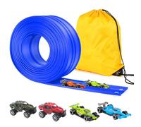 Kosmoflux Circuit Voiture Enfant Roulable 4M Piste Flexible avec 4 Voitures + Sac de Rangement, Jouet de Piste de Course Portable pour sauts Boucles pour Voiture 1/64ème Dès 3 Ans, Bleu