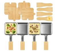 Kosmosta Lot de 4 poêles à fromage carrées en acier inoxydable avec poignée étendue et poignée en bambou, 4 spatules et tapis en bambou, sans revêtement, grande poêle à raclette pour machines à