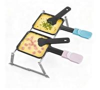 Kosmosta Mini Appareil à Raclette Portable pour 2 Personnes, 2 Poêlons Antiadhésifs Bleu & Rose, 2 Spatules Nylon, Support Métal Pliable, Raclette de Table pour Camping, Pique-nique, BBQ