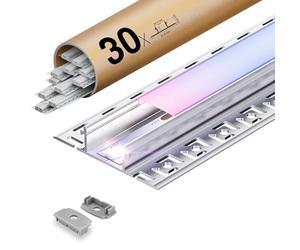 KOSOOM 30 x Profilé LED Encastrable 2m - Profil Aluminium pour Ruban LED jusqu'à 20,2 mm - Diffuseur Opalin - Rail LED pour Plafond, Placo, Mur - Kit Complet Installation