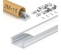 KOSOOM Lot de 15 Profilés LED Aluminium 2m (30m au total) - Profilé encastré avec couvercle opaque - Pour bandes LED jusqu’à 12 mm de largeur - Dimensions : 17,4 x 7 mm