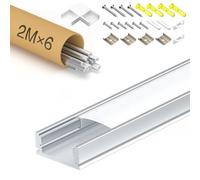 KOSOOM profilé alu pour ruban LED 12m - Kit Complet 6 x 2m avec Couvercle Opaque et Accessoires - Rail pour Ruban LED jusqu’à 12mm (Dimensions : 17,4 mm x 7 mm)