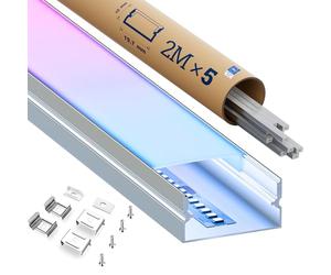 KOSOOM Profile alu pour ruban LED 2M × 5 pièces - Aluminium Profilé U-Forme pour Bandes LED d’une largeur jusqu’à 12 mm, Aluminium Anodisé Argent, Diffuseur PC Anti-jaunissement, Clips et Vis Inclus