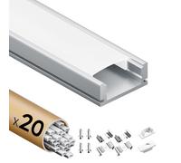 KOSOOM Profilé Aluminium LED 2m x 20, avec couvercle opaque (40m), dimensions 17,4 mm x 7 mm - largeur maximale de la bande LED 12,4 mm