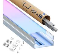 KOSOOM Profilé LED 2M × 16 pièces - Aluminium Profile U-Forme pour Rubans LED d’une largeur jusqu’à 12 mm, Aluminium Anodisé Argent, Diffuseur PC Anti-jaunissement, Clips et Vis Inclus