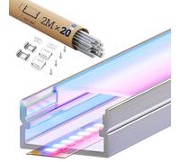 KOSOOM Profilé LED Forme en U 2 m x 20 pcs, Rail LED Encastrable Dimensions 19,7 mm x 10mm, Compatible avec Bandes Led jusqu'à 10mm/ 14mm/ 15mm /16mm de Largeur, avec Accessoires de Montage