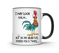 Kosoq1 Tasse humoristique avec inscription « I May Look Calm But In My Head I've Pecked You » pour amateur de poulet - Tasse à café coq - 325 ml