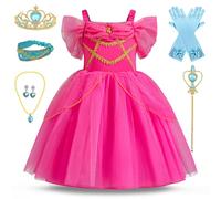 Kosplay Fille Costumes de Princesse Jasmine avec Perruque Accessoires Déguisement de Princesse Aladdin Robe de Jasmine Fête Halloween Noël Partie Carnaval Cosplay Enfant Vert/Rose 100-140