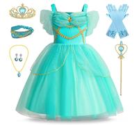 Kosplay Fille Costumes de Princesse Jasmine avec Perruque Accessoires Déguisement de Princesse Aladdin Robe de Jasmine Fête Halloween Noël Partie Carnaval Cosplay Enfant Vert/Rose 100-140