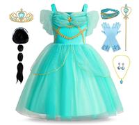 Kosplay Fille Costumes de Princesse Jasmine avec Perruque Accessoires Déguisement de Princesse Aladdin Robe de Jasmine Fête Halloween Noël Partie Carnaval Cosplay Enfant Vert/Rose 100-140