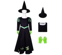 Kosplay Fille Elphaba Cosplay Costume avec Chapeau Déguisement de Wicked Costume de Sorcière Elphaba Robe Gothique Noire Noël Halloween Carnaval Fête Performance Vêtements Enfant 110-160