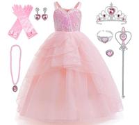 Kosplay Fille Glinda Costume avec Accessoires Déguisement de Wicked Glinda Robe de Princesse Rose Costume de Bonne Sorcière Anniversaire Noël Halloween Carnaval Fête Cosplay Enfant 110-160