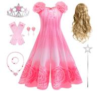 Kosplay Fille Glinda Costume avec Accessoires et Perruque Déguisement de Wicked 2 Glinda Robe de Princesse Rose Costume de Bonne Sorcière Noël Halloween Carnaval Fête Cosplay Enfant 110-150