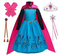 Kosplay Fille Robe de Princesse Anna avec Cape Perruque et Accessoires Déguisement de Reine des Neige Princesse Elsa Costume Fête Halloween Noël Partie Carnaval Cosplay Enfant 100-150