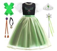 Kosplay Fille Robe de Princesse Anna avec Perruque et Accessoires Déguisement de Reine des Neige Princesse Elsa Costume Fête Halloween Noël Partie Carnaval Cosplay Enfant Vert 100-150