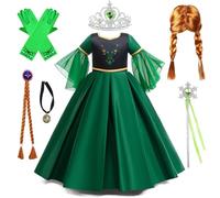 Kosplay Fille Robe de Princesse Anna avec Perruque et Accessoires Déguisement de Reine des Neige Princesse Elsa Costume Fête Halloween Noël Partie Carnaval Cosplay Enfant Vert 110-150
