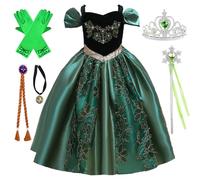 Kosplay Fille Robe de Princesse Anna avec Perruque et Accessoires Déguisement de Reine des Neige Princesse Elsa Costume Fête Halloween Noël Partie Carnaval Cosplay Enfant Vert 100-150
