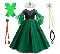 Kosplay Fille Robe de Princesse Anna avec Perruque et Accessoires Déguisement de Reine des Neige Princesse Elsa Costume Fête Halloween Noël Partie Carnaval Cosplay Enfant Vert 110-150