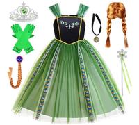 Kosplay Fille Robe de Princesse Anna avec Perruque et Accessoires Déguisement de Reine des Neige Princesse Elsa Costume Fête Halloween Noël Partie Carnaval Cosplay Enfant Vert 100-140