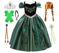 Kosplay Fille Robe de Princesse Anna avec Perruque et Accessoires Déguisement de Reine des Neige Princesse Elsa Costume Fête Halloween Noël Partie Carnaval Cosplay Enfant Vert 100-150