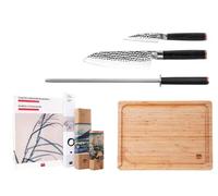 Kotai Le Set de Base Deluxe 4 pièces : 2 couteaux (couteau d'office + santoku) + planche à découper en bambou + fusil à aiguiser
