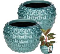 KOTARBAU® 2 pcs Pot de fleurs artistique en céramique grand Vintage Motif écailles de poisson fait main ⌀ 17 cm Hauteur 13 cm Cache-pot de fleurs Céramique Pot de fleurs bleu & couleur turquoise Pot d