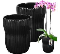 KOTARBAU® 2 pcs. Pot de fleurs noir intérieur rond ⌀ 11,5 cm H : 16,5 cm cannelé céramique émaillée Pots de fleurs intérieur Cache-pot céramique Pot de plantes intérieur Cache-pots orchidées Céramique