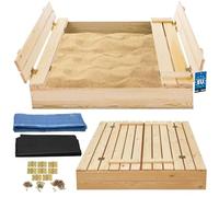 KOTARBAU® Bac à sable avec couvercle - 100 x 100 cm - Couleur naturelle - Grand bac à sable en bois avec banc et couvercle - Jouet de jardin pour enfants imprégné et refermable avec bancs