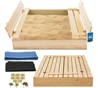 KOTARBAU® Bac à sable avec couvercle 100 x 100 cm Couleur naturelle Grand bac à sable en bois Bac à sable avec banc et couvercle Jouets de jardin Enfants imprégnés Fermable avec bancs