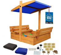 KOTARBAU® Bac à sable avec couvercle 100 x 100 cm Grand bac à sable en bois brun avec toit bleu Bac à sable avec couvercle Bac à sable avec toit Jouets de jardin enfants imprégnés Fermable avec bancs
