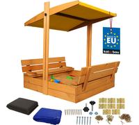 KOTARBAU® Bac à sable avec couvercle 100 x 100 cm Grand bac à sable en bois brun avec toit jaune Bac à sable avec couvercle Bac à sable avec toit Jouets de jardin enfants imprégnés fermable avec bancs