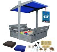 KOTARBAU® Bac à sable avec couvercle 100 x 100 cm Grand bac à sable en bois gris avec toit bleu Bac à sable avec couvercle Bac à sable avec toit Jouets de jardin enfants imprégnés Fermable avec bancs