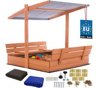 KOTARBAU® Bac à sable avec couvercle 120 x 120 cm Grand bac à sable en bois brun avec toit gris Bac à sable avec couvercle Bac à sable avec toit Jouets de jardin enfants imprégnés Fermable avec bancs