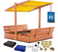 KOTARBAU® Bac à sable avec couvercle 120 x 120 cm Grand bac à sable en bois brun avec toit jaune Bac à sable avec couvercle Bac à sable avec toit Jouets de jardin enfants imprégnés fermable avec bancs
